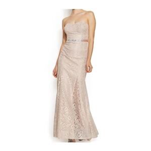 Betsy & Adam Shimmering Lace Gown Strapless Maxi Dress Blush Belted Size 4